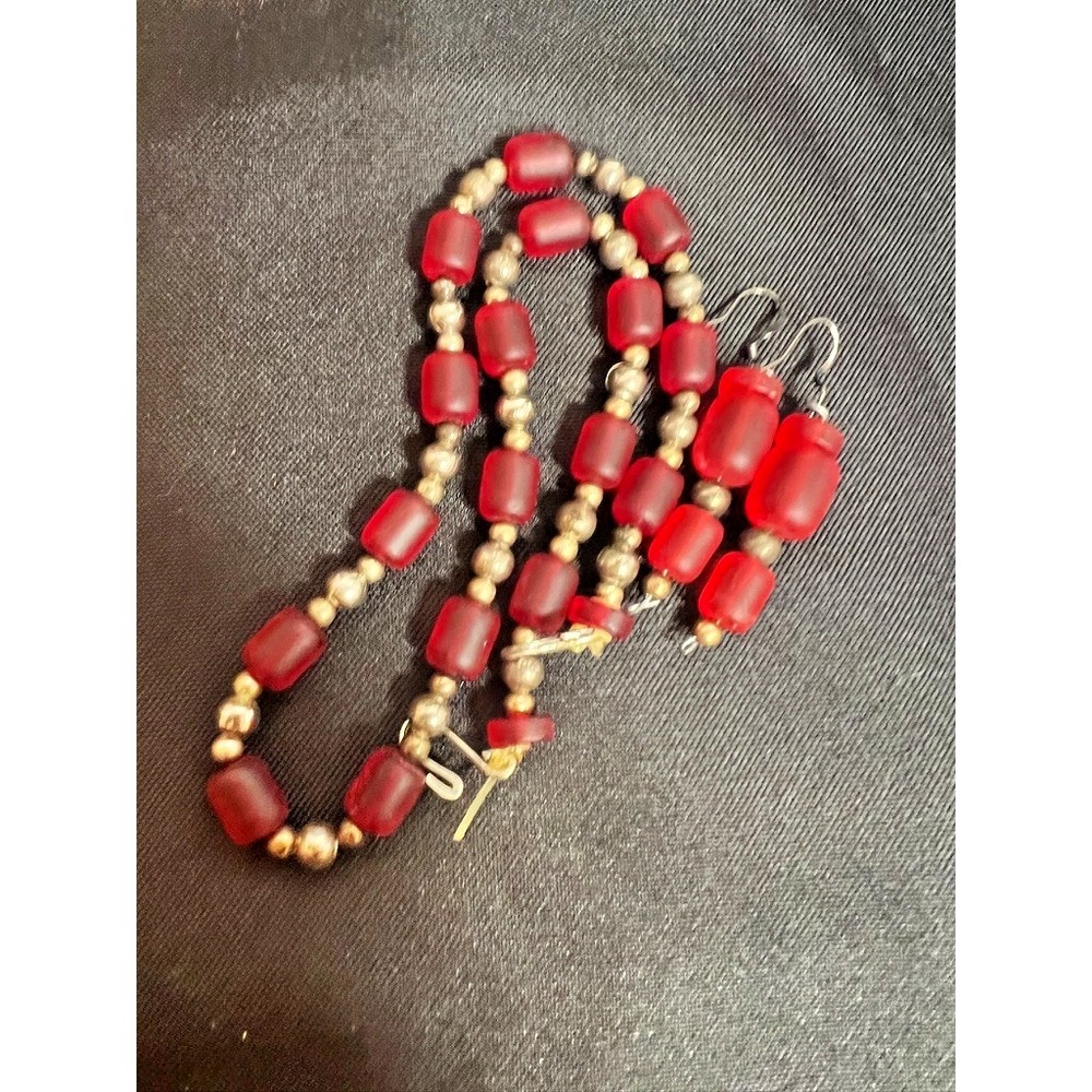 Red Frosted Glass Bead‎ Necklace & Earrings Set Artisan Boho Silver Folk Vintage